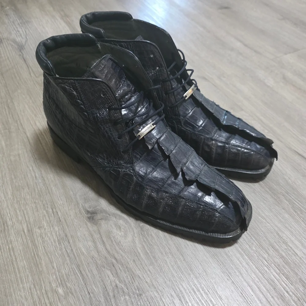 Belvedere Men Alligator Skin Hornback Ankle Boots Navy Blue Lug Sole Size 13 746